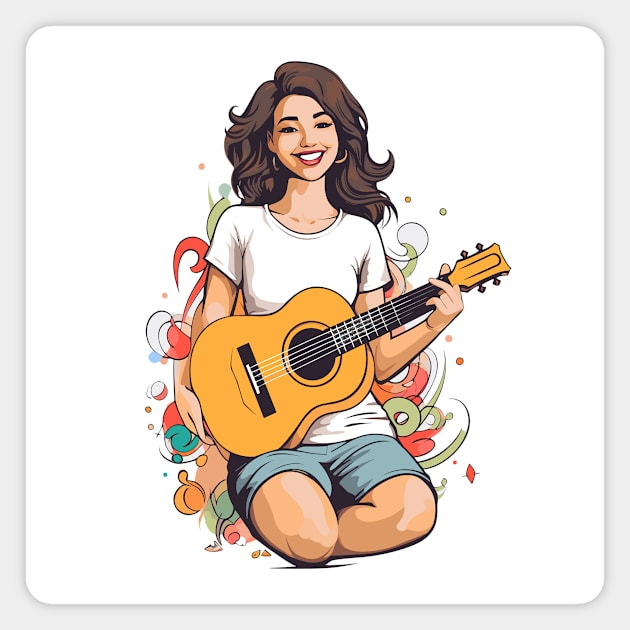 happy girl playing a guitar v1 Magnet by H2Ovib3s